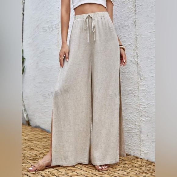 SHEIN: Wide Leg, Side Slit Linen Pants, Size M - Picture 3 of 6